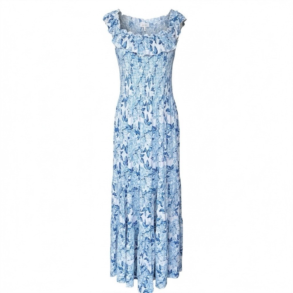 Bums & Roses Blue Floral Off The Shoulder Ruffle Sleeve Maxi Dress Smocked 2XL